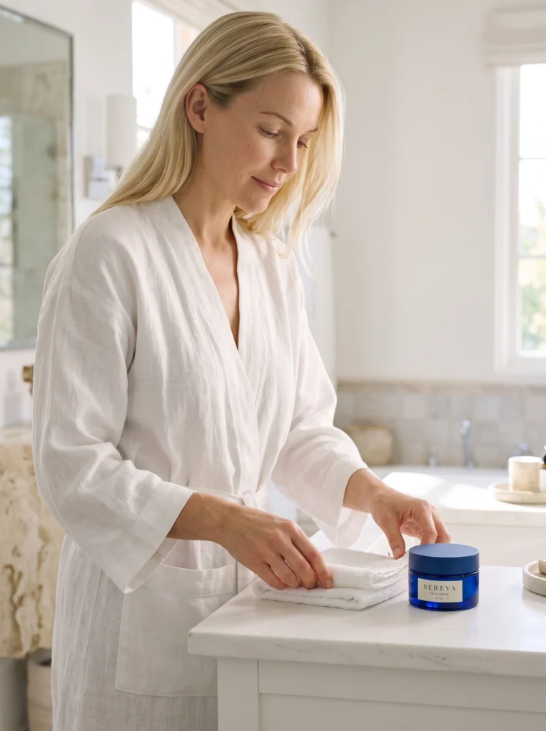 Blonde woman arranges a white towel beside the closed cobalt SEREVA face cream jar.