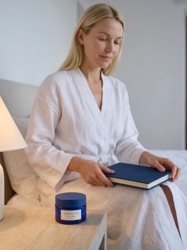 Blonde woman in a white robe rests a closed navy book on her lap beside a cobalt SEREVA cream jar.