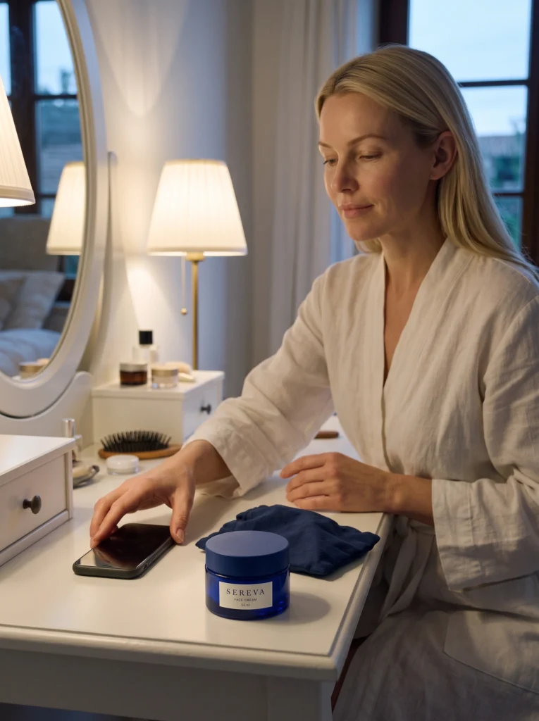 Blonde woman places a phone on a white vanity beside the closed cobalt SEREVA cream jar and navy cloth.