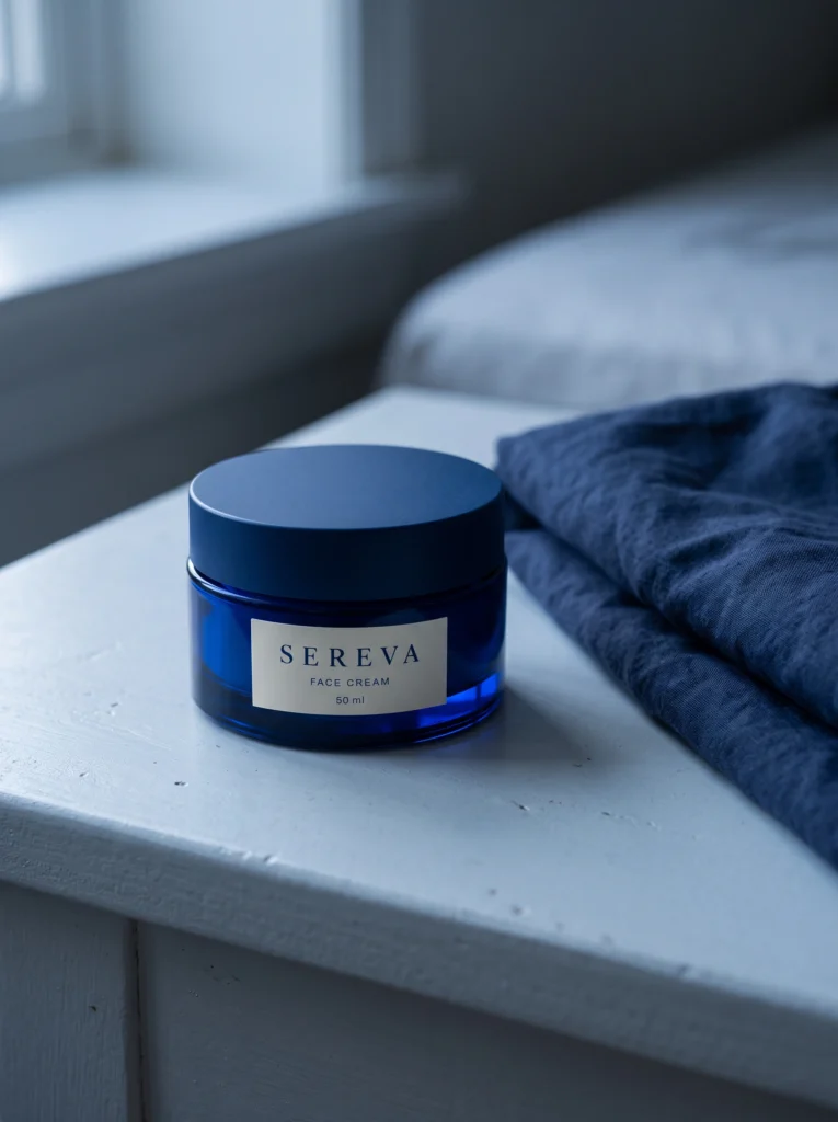 Closed cobalt SEREVA face cream jar beside navy fabric on a white windowsill.
