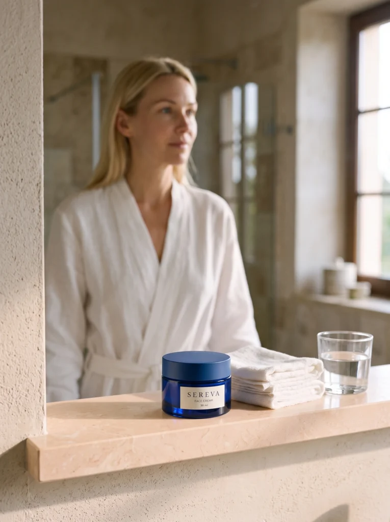 Cobalt SEREVA face cream jar: bathroom product foreground with model.