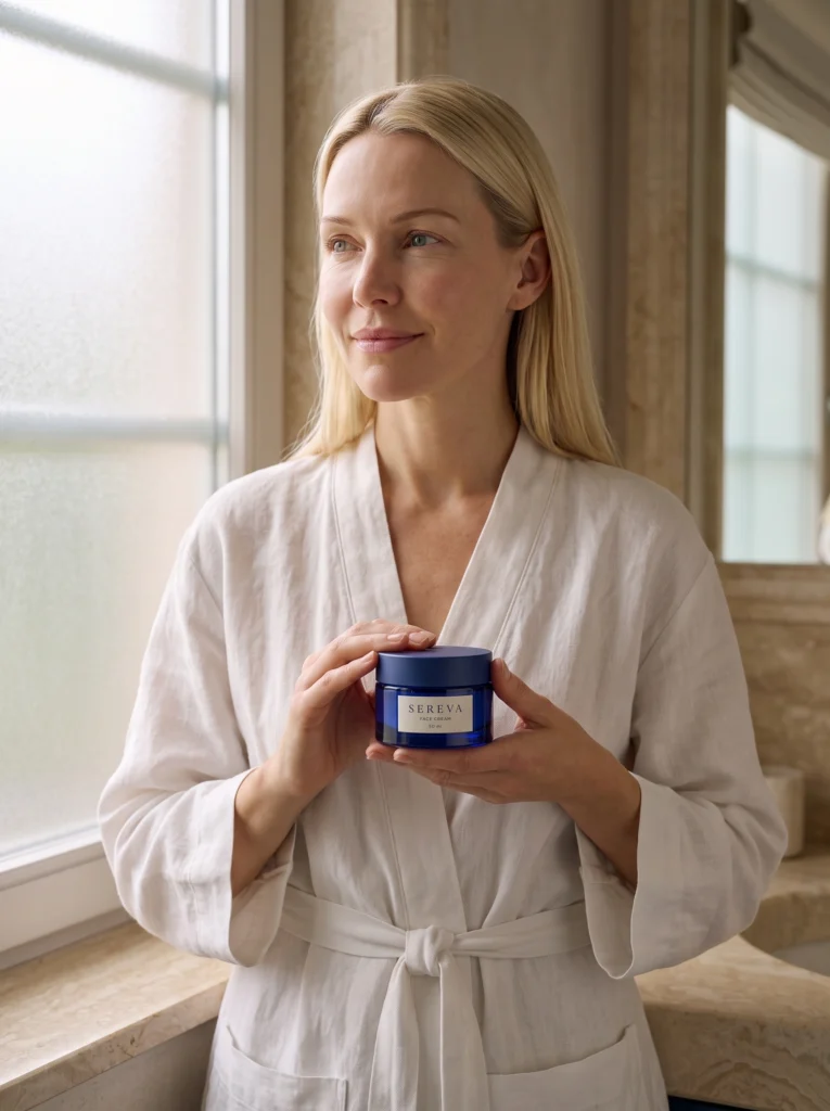 Cobalt SEREVA face cream jar: two-hand closed-jar presentation.