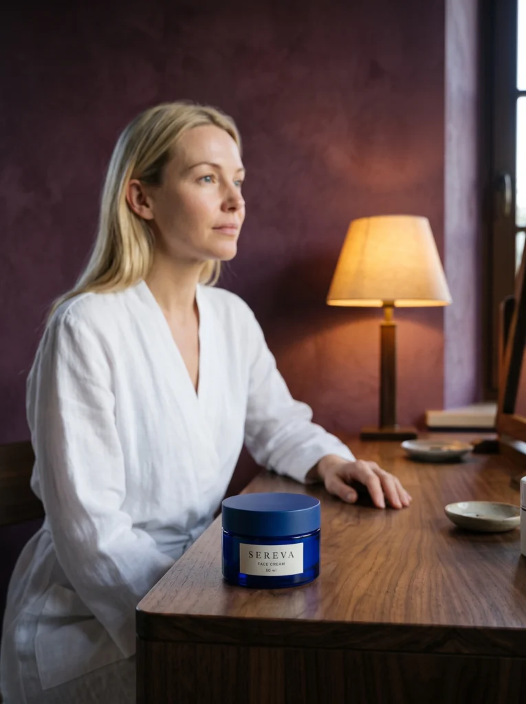 Cobalt SEREVA face cream jar: evening vanity lifestyle with jar foreground.