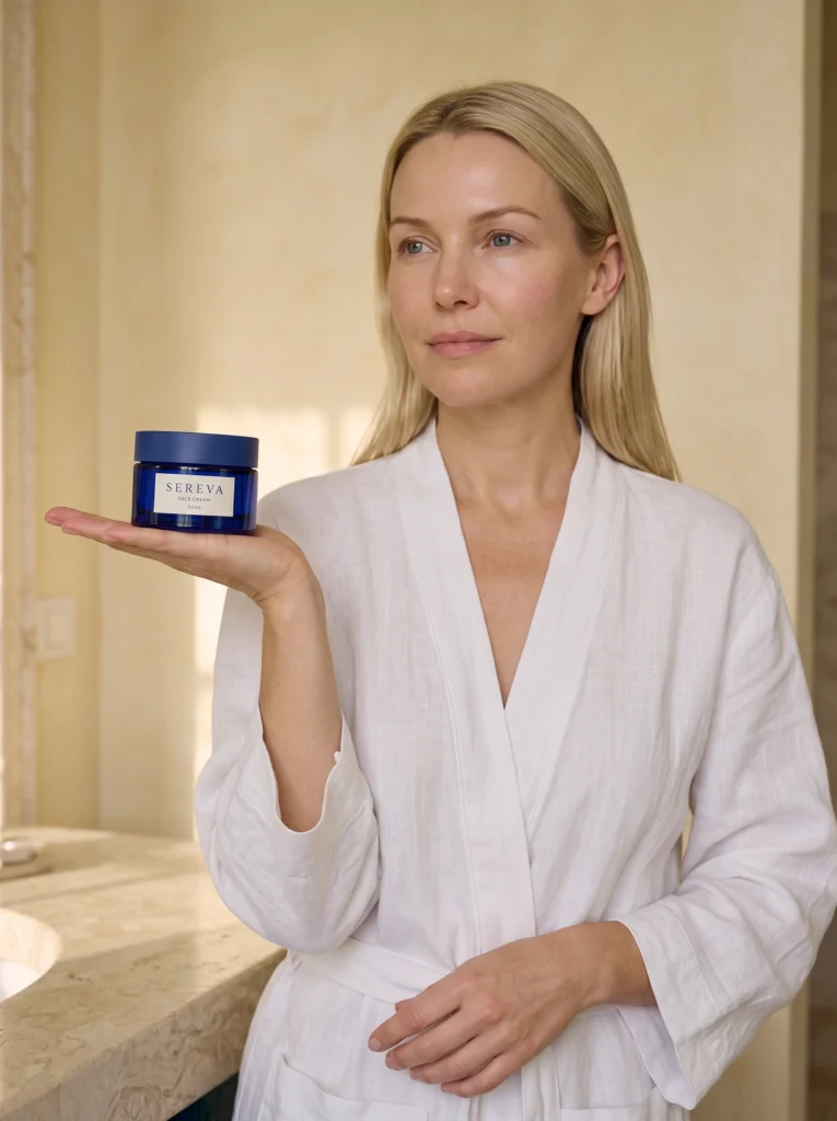 Cobalt SEREVA face cream jar: open-palm scale portrait.