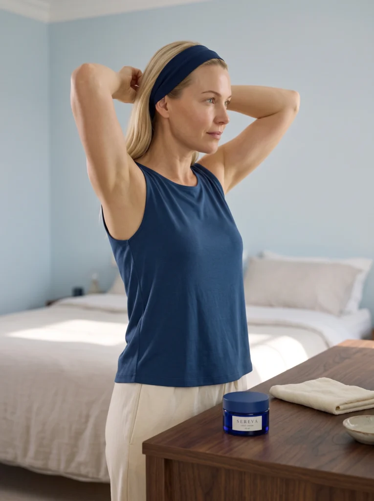 Blonde woman adjusting a headband at a dressing mirror with the closed cobalt skincare jar in front.