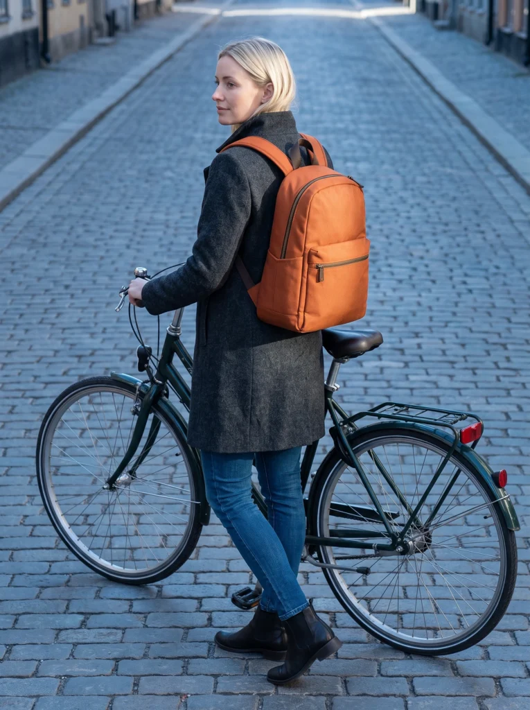 Blonde commuter wearing the orange backpack beside a dark-green city bicycle.