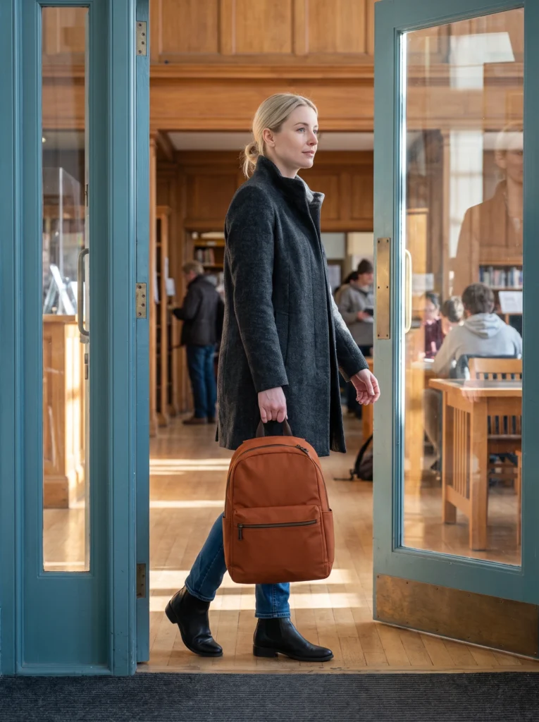 The orange backpack carried by its top loop through a library entrance.