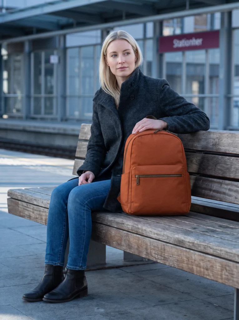 Blonde commuter seated on a station bench beside the complete orange backpack.
