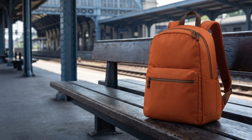 Complete orange backpack on the right of a station bench with space beside it.