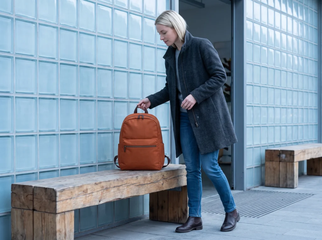 Full-length blonde commuter lowering the complete orange backpack onto an office bench.