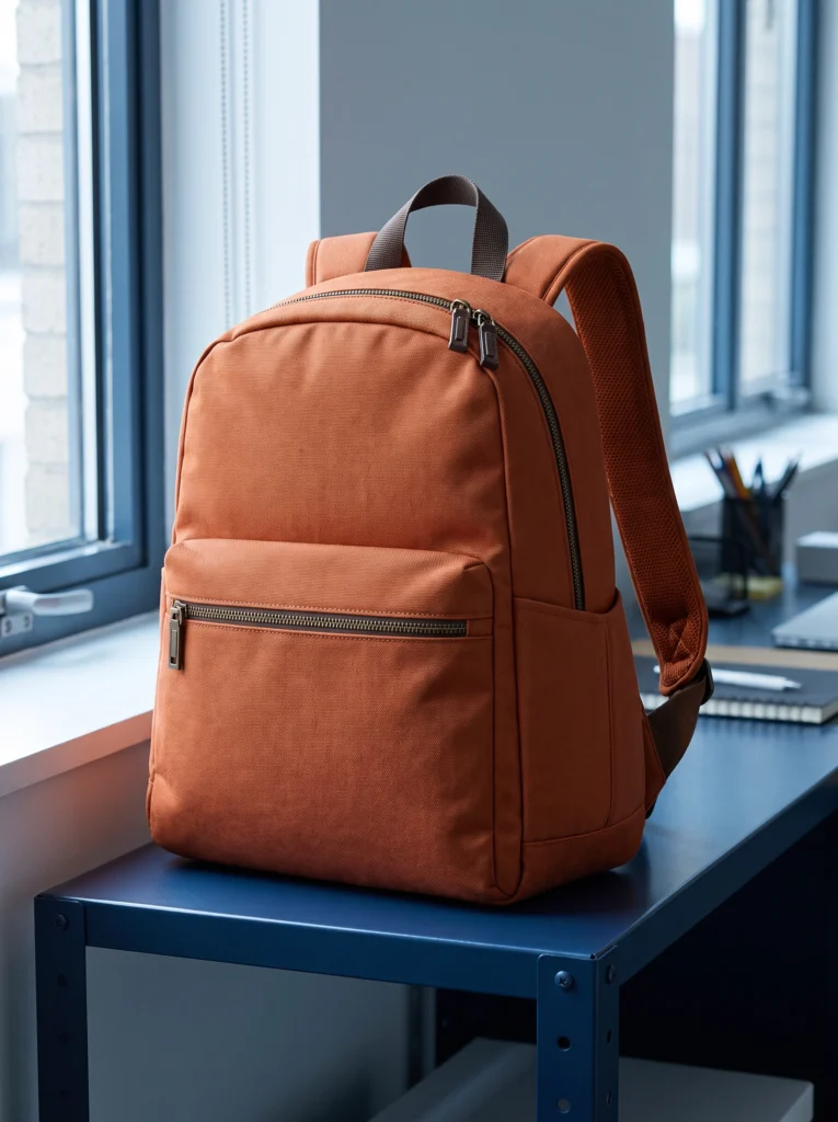 Complete orange backpack showing its fabric, front zip and dark rectangular zipper pulls.