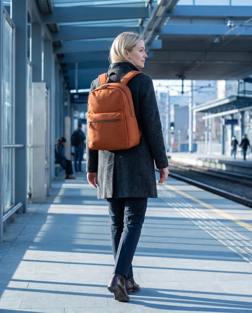 Adult blonde commuter wearing the orange backpack with a charcoal outfit.