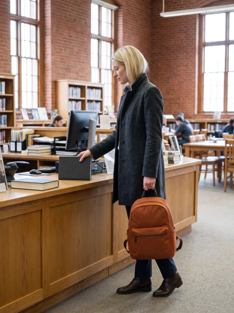 Blonde commuter carries an orange backpack by its short handle while placing a plain book at a library counter.