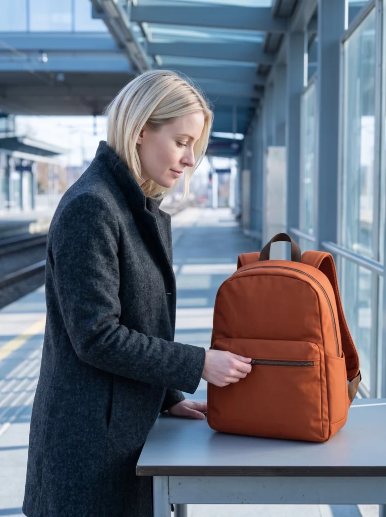 Blonde commuter touches the front zipper of an upright orange backpack on a station table.