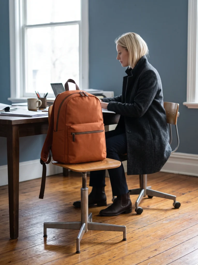 Burnt-orange backpack: office arrival lifestyle with bag foreground.