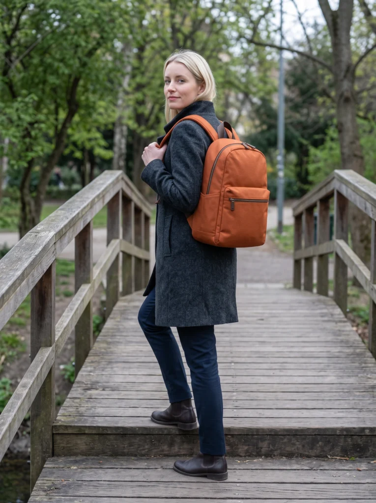 Blonde woman adjusting the burnt-orange backpack strap beside a park footbridge.