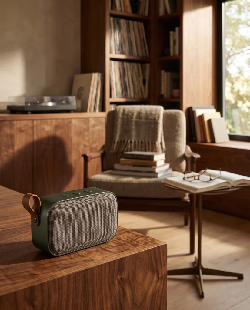 Complete green speaker on walnut furniture in a reading room.