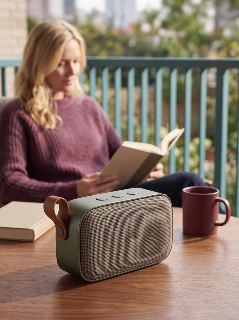 Green speaker and burgundy mug on a terrace table with a reader behind.