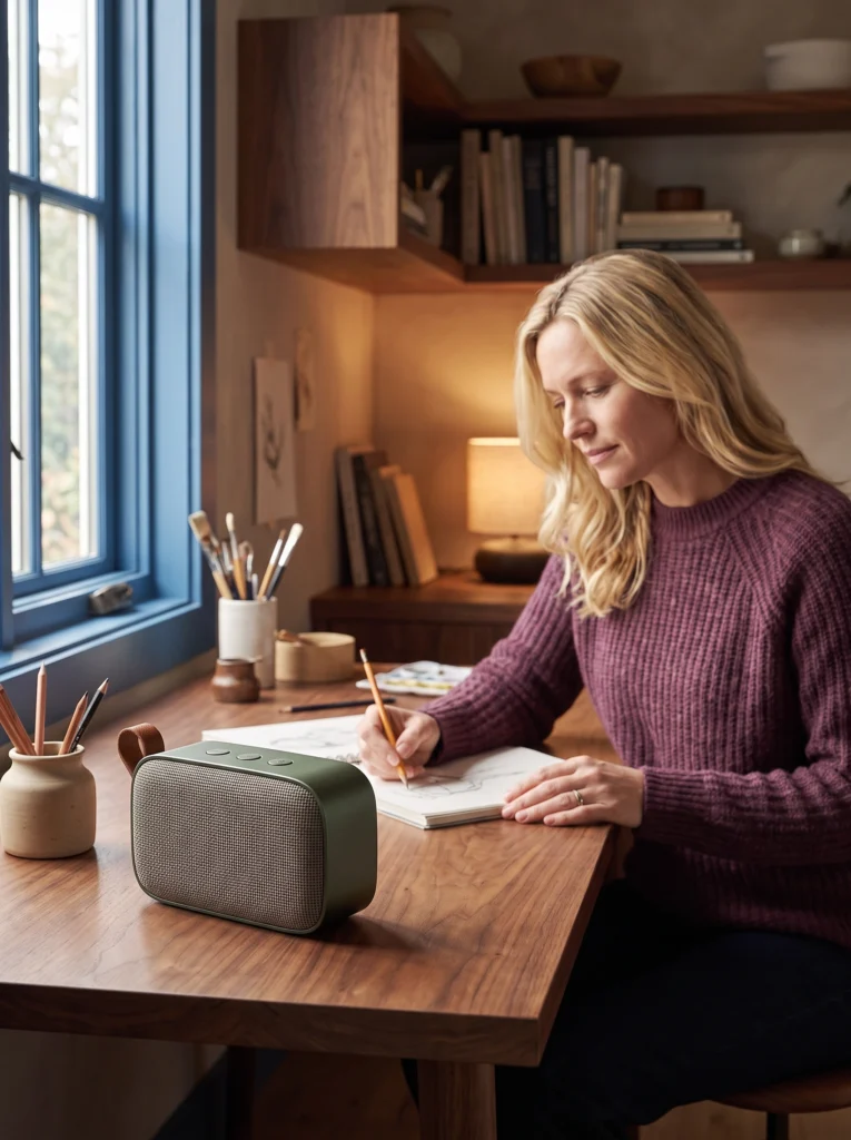 Green speaker beside a blonde woman sketching at a workspace in plum knitwear.