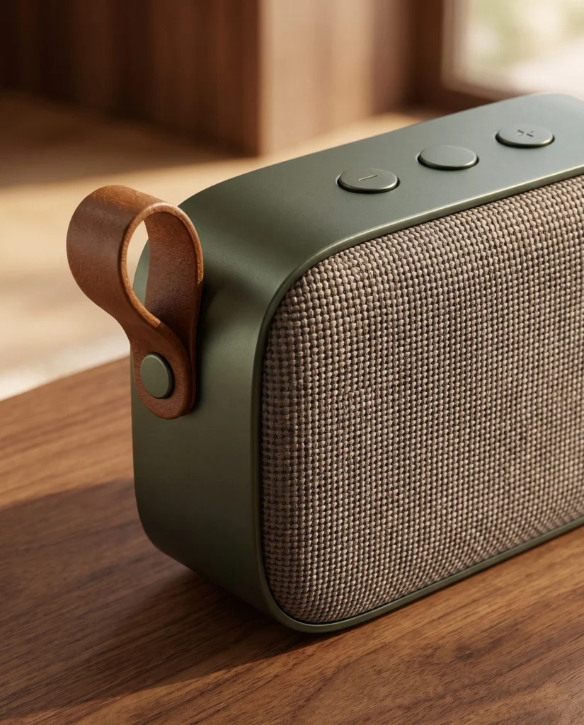 Speaker grille, three top buttons and cognac leather loop in detail.