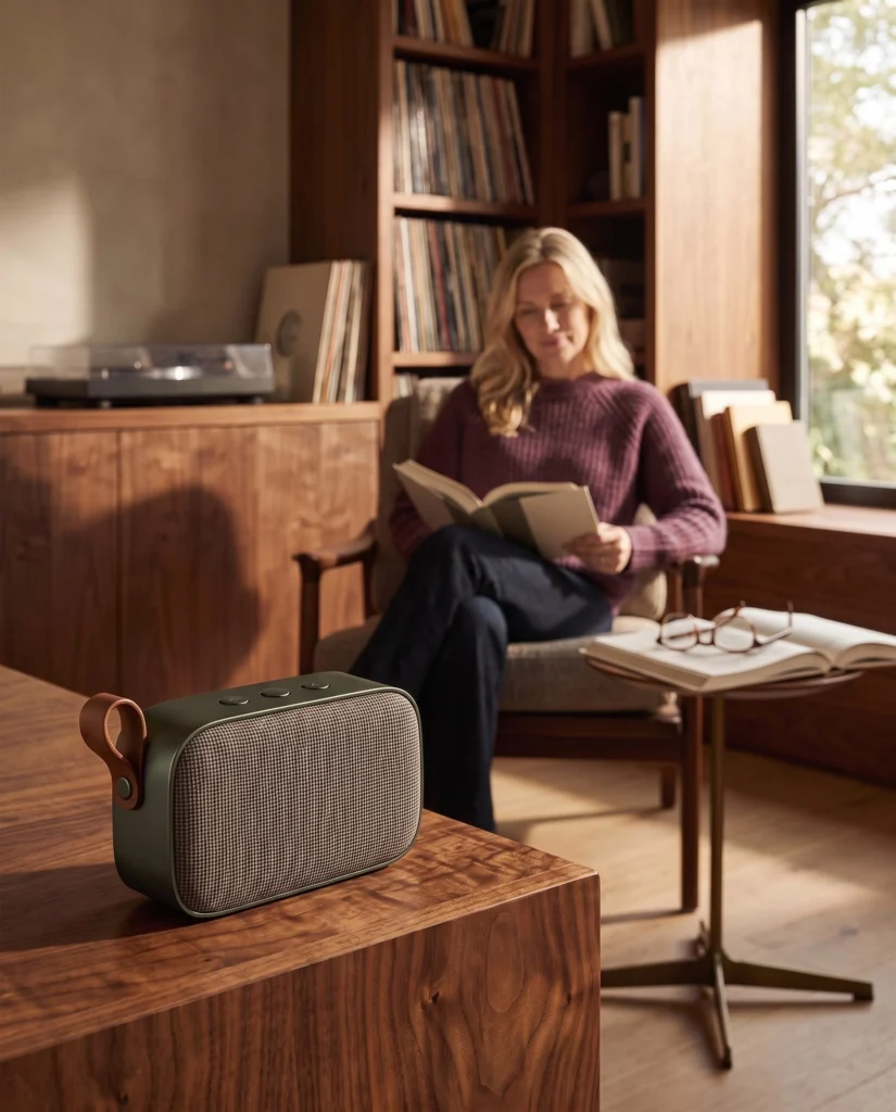 Adult woman reading beside the complete green speaker on a walnut table.