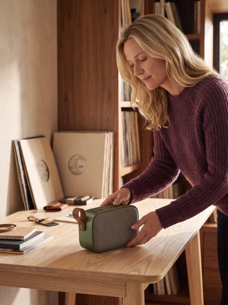 Blonde woman in a plum knit sweater places an olive speaker on a light wood desk with both hands.