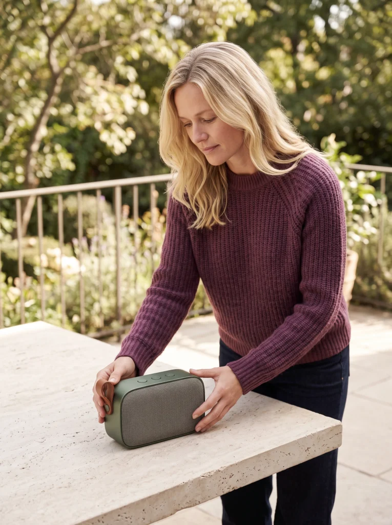 Blonde woman places the olive speaker on a pale terrace table with both hands.