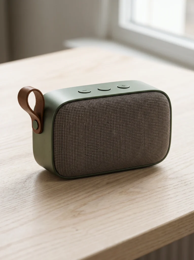 Complete olive speaker on a pale wood table, with three round top controls and a short brown left loop.