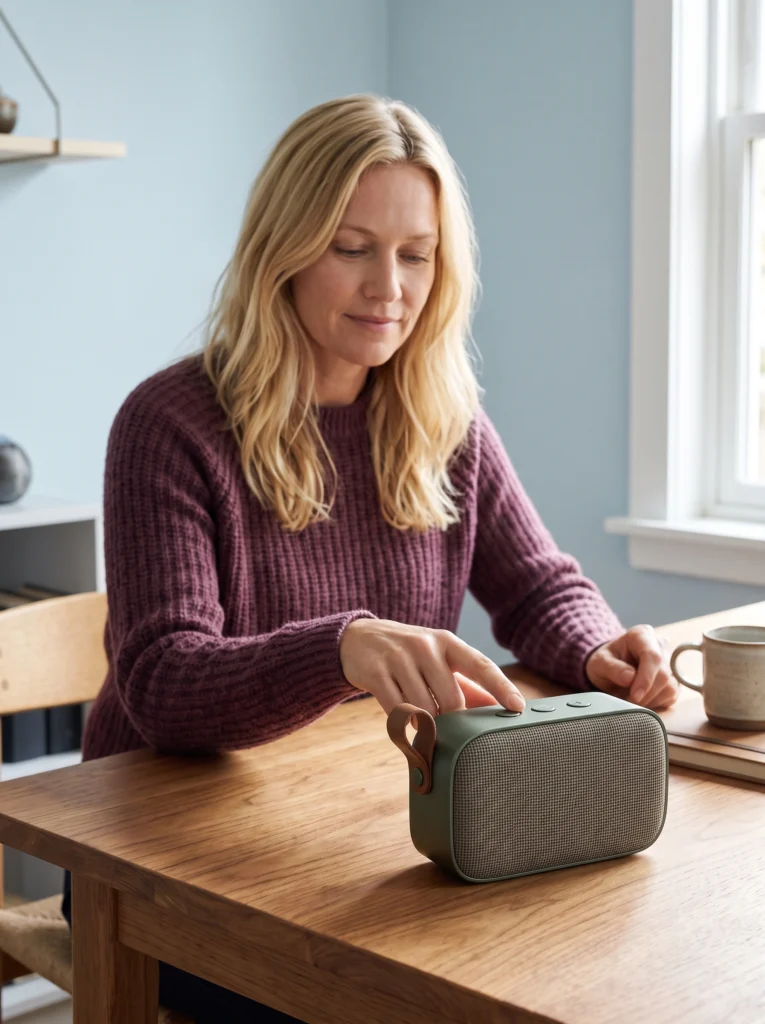 Green portable speaker: leftmost-control interaction.