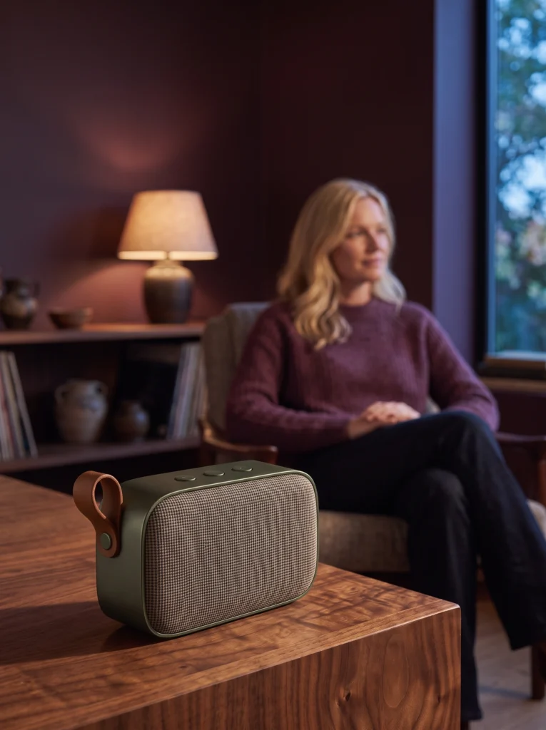 Green portable speaker: evening listening lifestyle with speaker foreground.