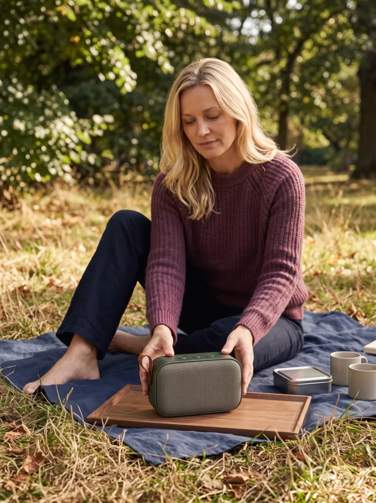Blonde woman lowering the olive speaker beside a low picnic seat.