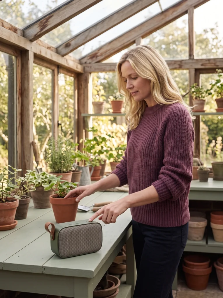 Olive speaker beside a blonde woman taking a potting pause in a garden room.