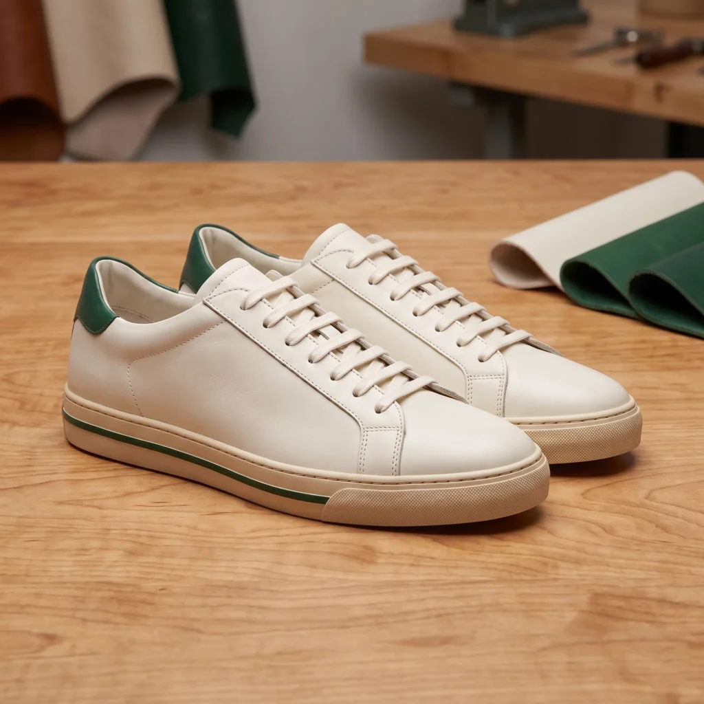 Ivory sneakers with green accents on a maple workshop floor.