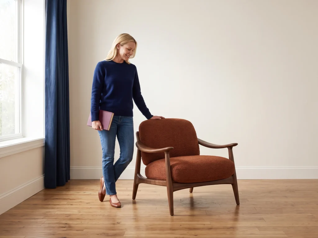 Woman standing beside a walnut and rust armchair in a bright room.