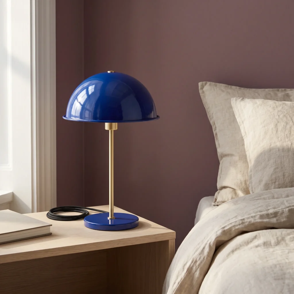 Lampada blu cobalto su un comodino appoggiato a una parete color prugna.