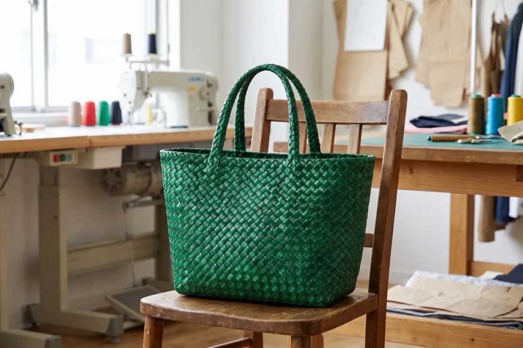 Green woven tote on a wooden chair in a sewing studio.