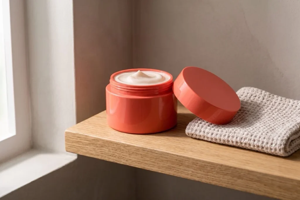 Open coral skincare jar and lid on an oak shelf beside a cotton washcloth.