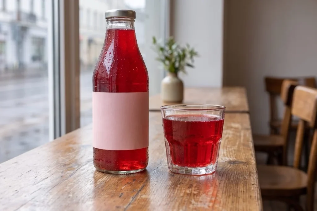 Ruby beverage bottle and glass on a wooden cafe table beside a window.