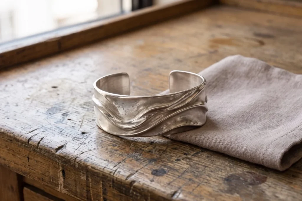 Sculpted silver cuff on a worn wooden workbench beside a linen cloth.