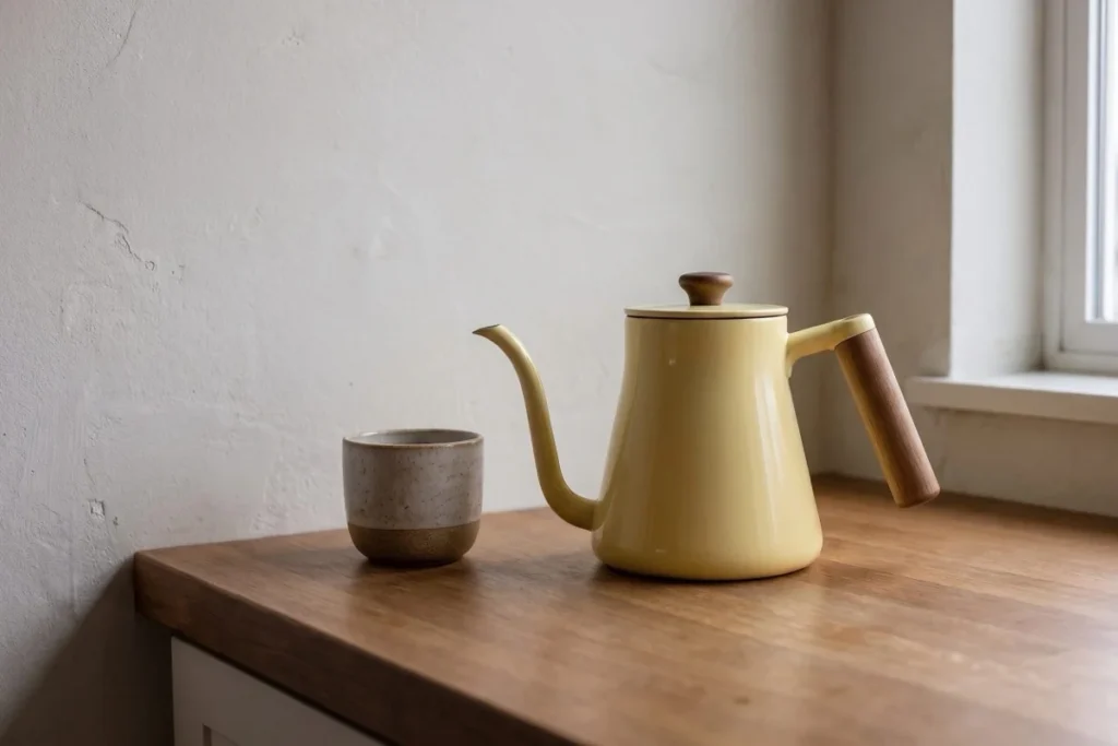 Yellow kettle and ceramic cup on a wooden kitchen counter in diffuse daylight.