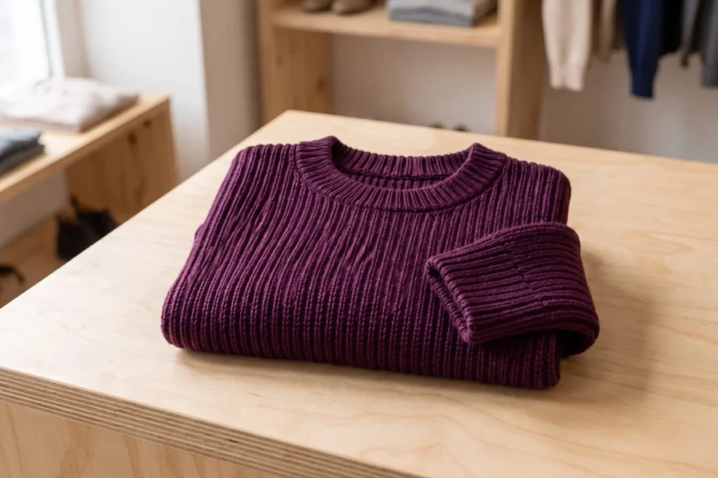 Folded plum rib-knit sweater on a plywood counter in a clothing shop.