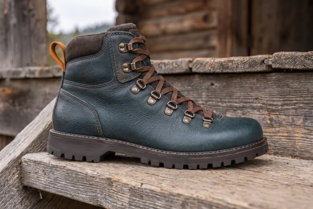 Teal leather hiking boot on a weathered cabin step in cloudy daylight.