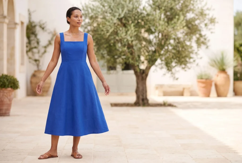 Model wearing a cobalt midi dress in a courtyard, generated with Fotogenic AI