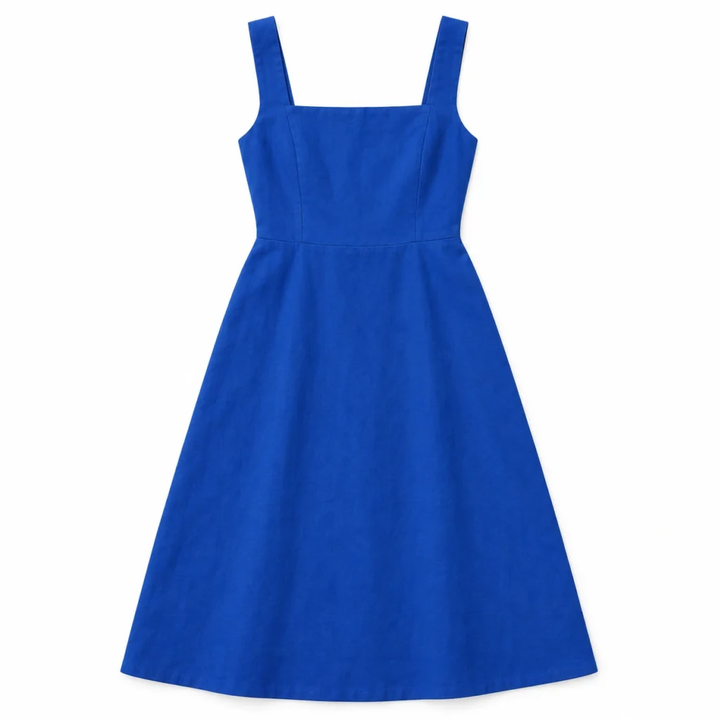 Cobalt square-neck midi dress concept flat lay
