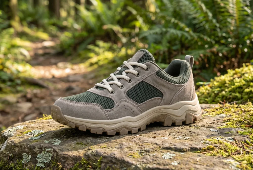 Close view of a grey and green sneaker on a woodland rock, generated with Fotogenic AI