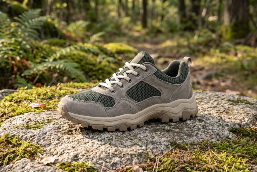 Grey and green trail sneaker on a woodland rock, generated with Fotogenic AI