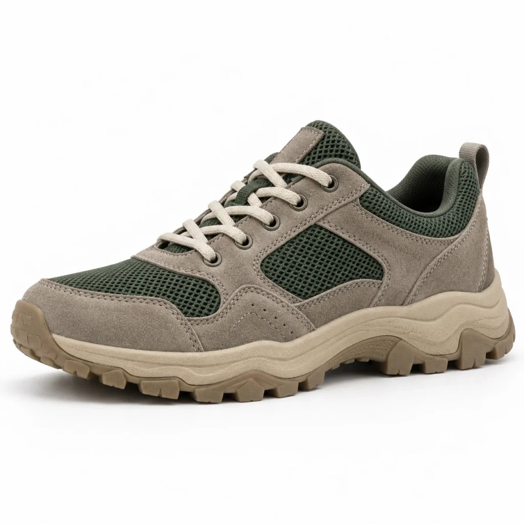Grey suede and green mesh trail sneaker concept reference