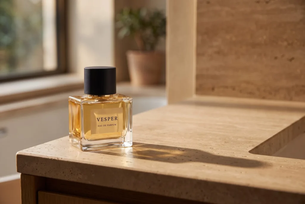 VESPER fragrance bottle set left of open travertine counter space, generated with Fotogenic AI