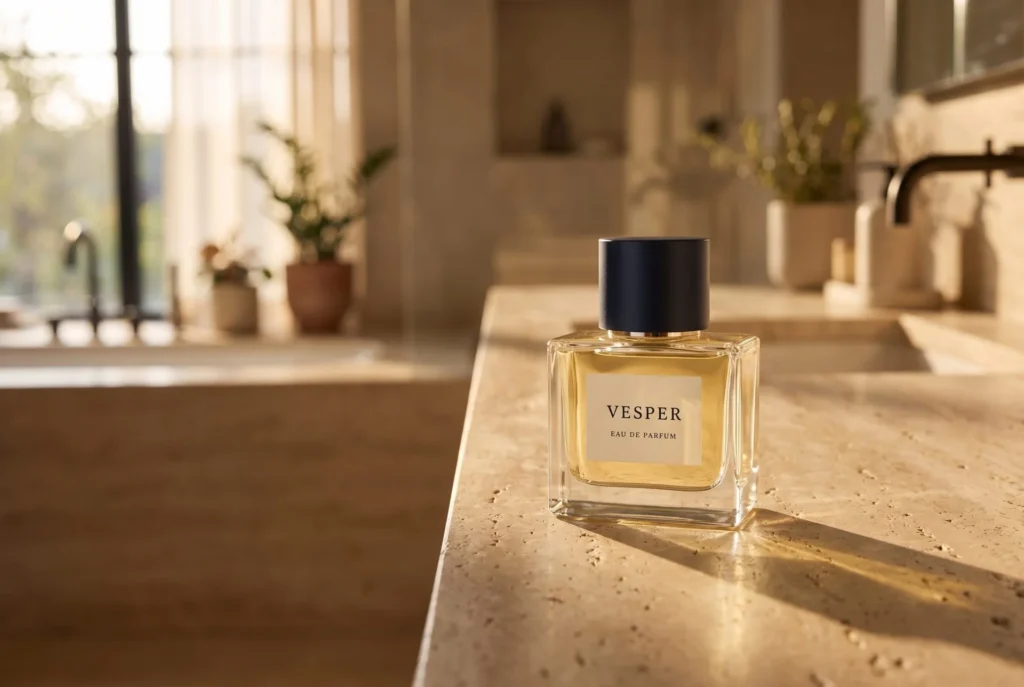 VESPER perfume bottle on a sunlit travertine counter, generated with Fotogenic AI