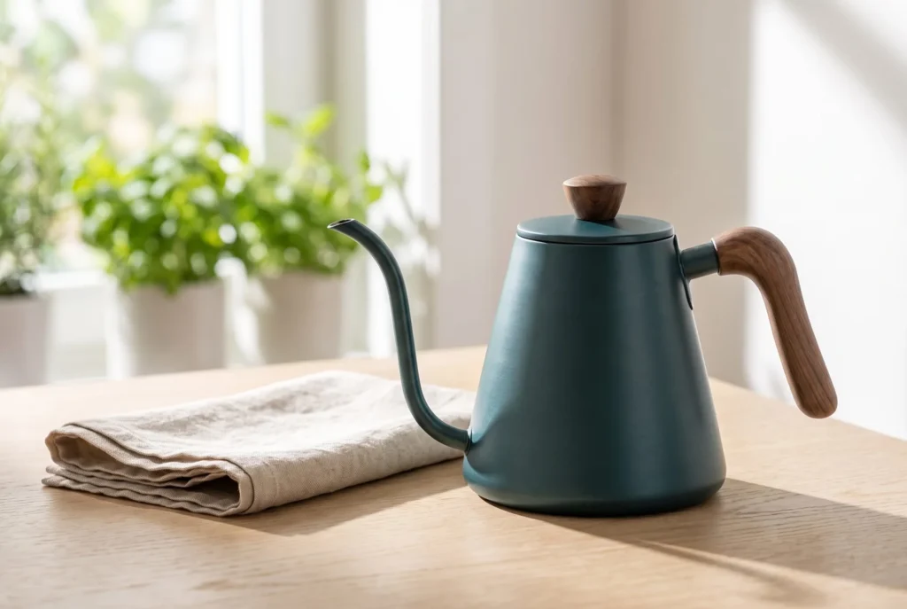 Teal kettle on an oak table in a bright kitchen, generated with Fotogenic AI